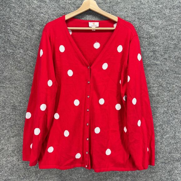 Quacker Factory Sweaters - Quacker Factory Cardigan Women 1X Plus Red Polka Dot Button Up V-Neck Cotton